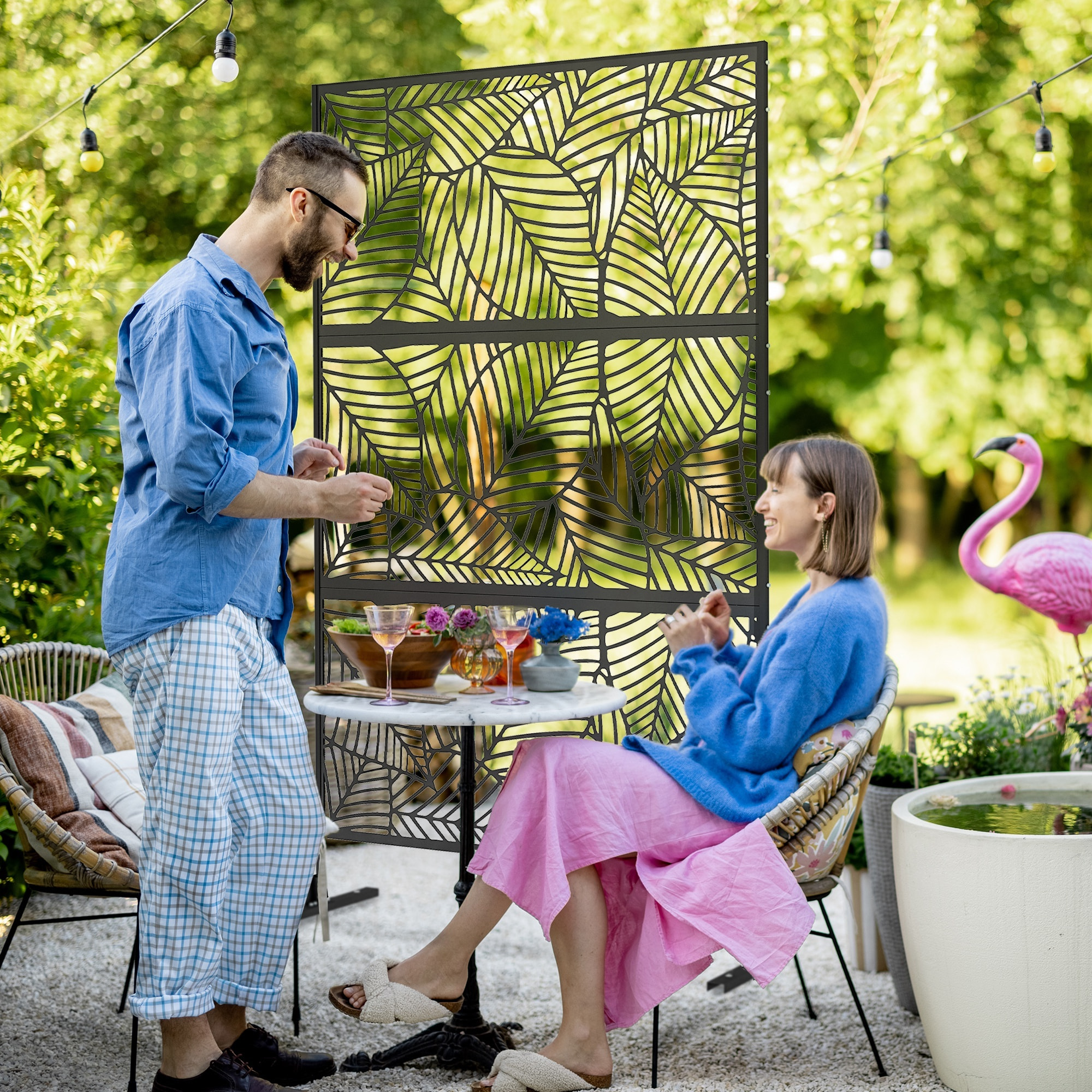 Biombo de 3 Paneles, 122x198 cm, Biombo Separador de Ambientes con Soporte y Tornillos de Expansión, Diseño de Hojas Grandes, para Exterior, Jardín, Patio, Terraza, Negro