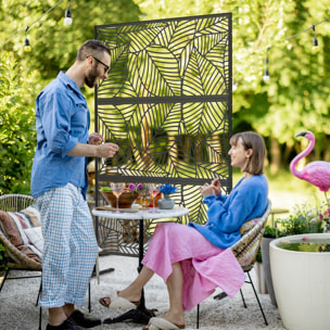 Biombo de 3 Paneles, 122x198 cm, Biombo Separador de Ambientes con Soporte y Tornillos de Expansión, Diseño de Hojas Grandes, para Exterior, Jardín, Patio, Terraza, Negro