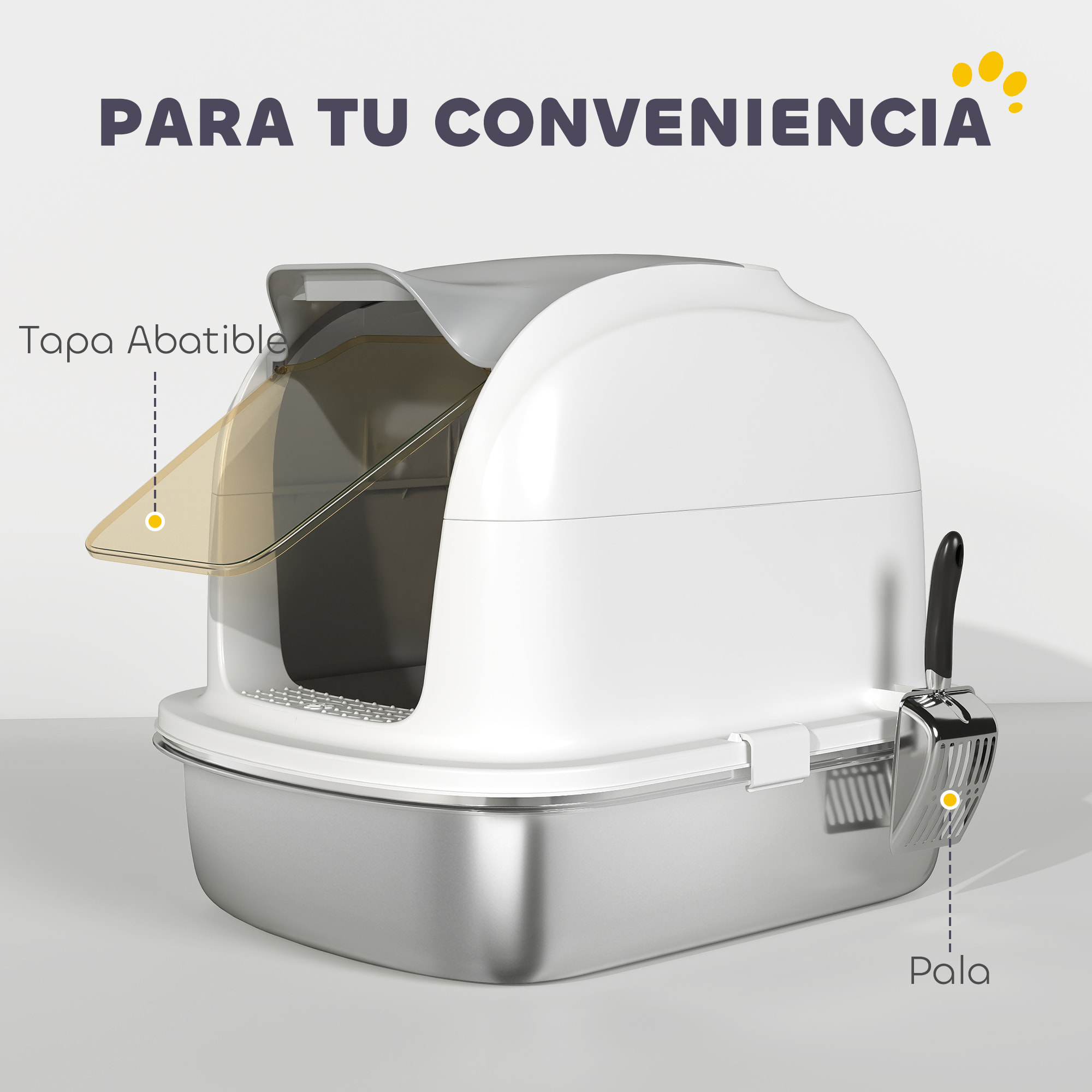 Arenero para Gatos de Acero Inoxidable XL, Caja de Arena para Gatos, Arenero con Tapa Abatible, Laterales Altos, Entrada Superior, Pala, sin Olores, Fácil de Limpiar, Antifugas, Blanco