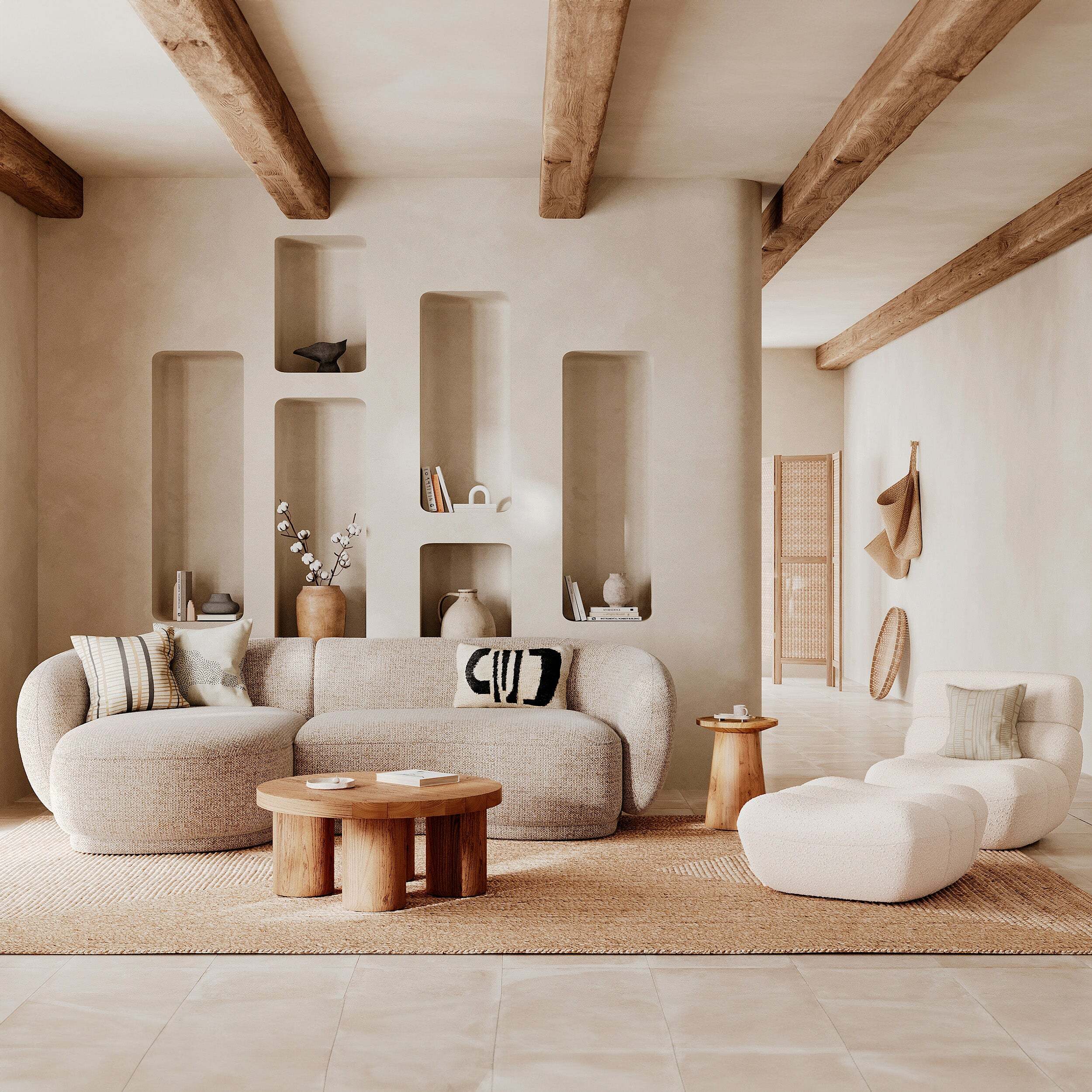 Ensemble fauteuil et pouf en tissu bouclé blanc - Teddy