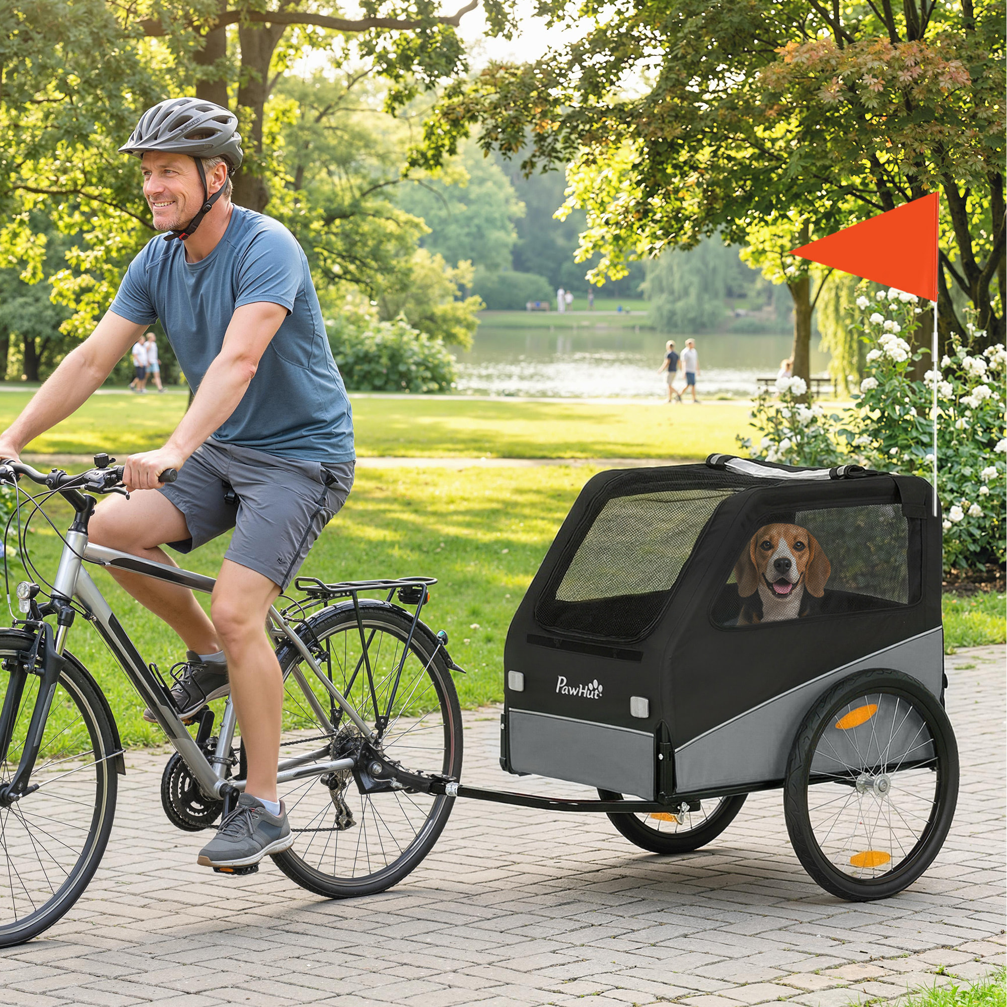 Remorque vélo chien pliable attache universelle pneus 20" réflecteurs drapeau harnais gris