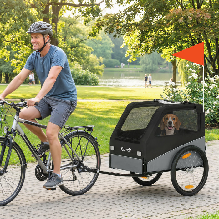 Remorque vélo chien pliable attache universelle pneus 20" réflecteurs drapeau harnais gris
