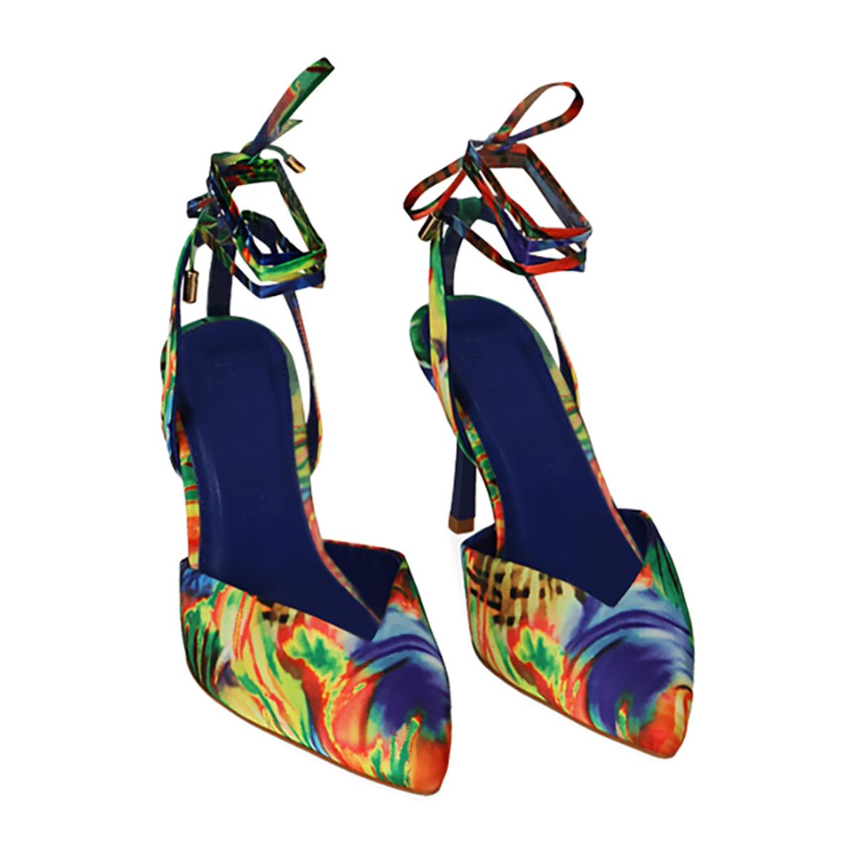 Décolleté slingback blu multicolor, tacco 8,5 cm