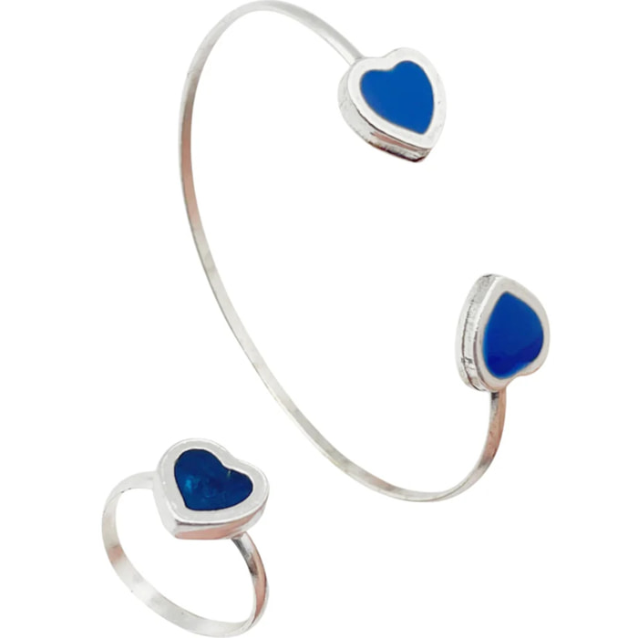 Conjunto Colors Corazón Pulsera y anillo plata 10µ Marino