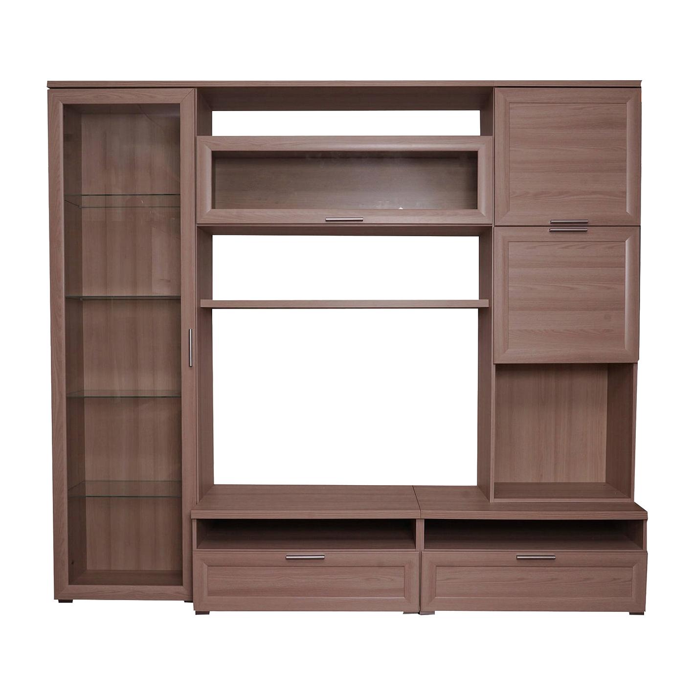 Parete attrezzata da soggiorno, Mobile porta TV con vetrina e pensili con scaffali, Salotto completo, cm 240x50h215, colore Rovere