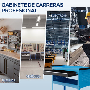 Carro de Taller, Carro de Herramientas con 3 Bandejas, Cajón, Panel Lateral Perforado, Asa Lateral, Ruedas con Frenos, para Garaje Mecánico, Hogar, Azul