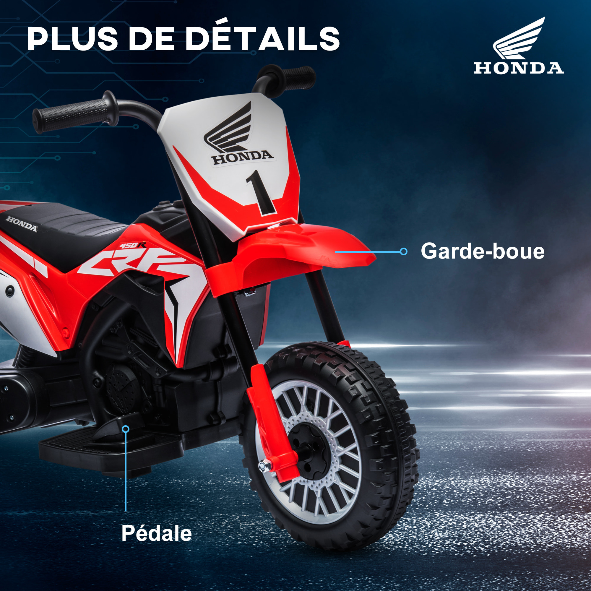 Moto Cross électrique enfant 3 roues licence officielle Honda CRF 450 R V. max. 3 Km/h fonctions sonores rouge