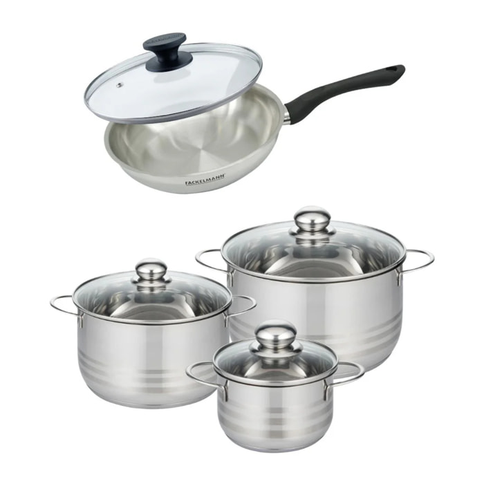 Set de 1 poêle 24 cm en inox et couvercle, 3 faitouts inox 16, 20 et 24 cm Fackelmann Geneva