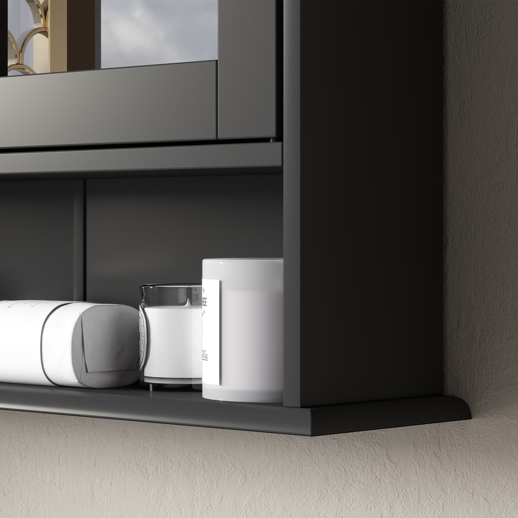 Armario de Baño con Espejo, Armario de Pared con 2 Puertas, Estante Abierto, Estante Ajustable, Mueble de Baño Colgar para Cocina, Salón, 56x13x58 cm, Negro