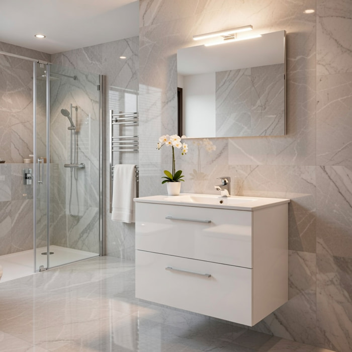 Mobile Mobiletto Bagno Sospeso Con 2 Cassettoni Lavabo in Ceramica Monoforo Con Troppopieno E Specchio Con Led Da 45 Cm 80 x 45 x 57 Cm Colore Bianco