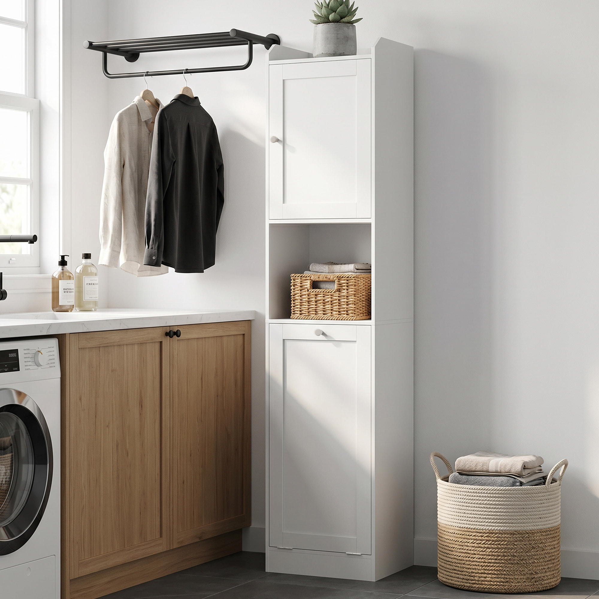 Armario Alto de Baño con Cesto Ropa Sucia, Mueble de Baño Estrecho con Compartimentos Abiertos y Estantes Ajustables, para Espacios Pequeños, 40x30x170 cm, Blanco