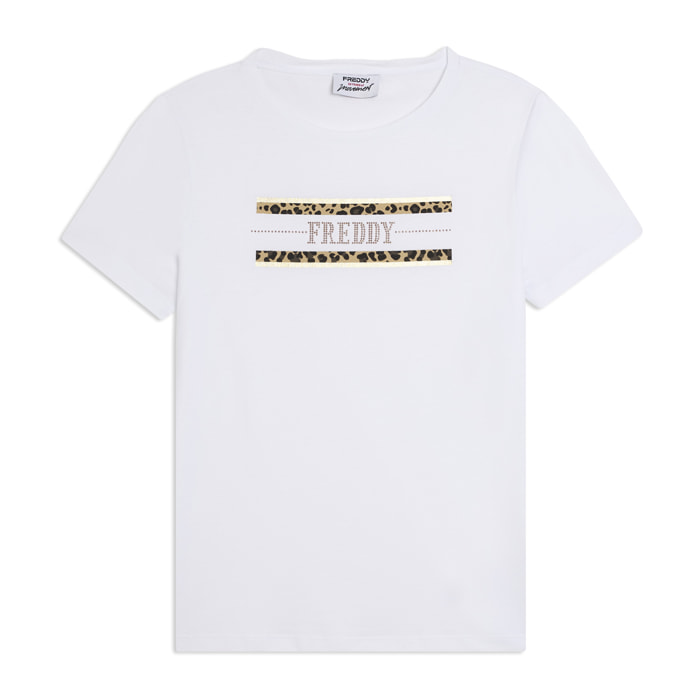T-shirt Manica Corta con Dettagli Animalier e Borchie