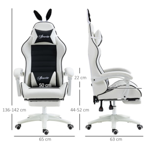 Chaise gaming fauteuil gamer inclinable réglable repose-pied rétractable oreilles de lapin amovibles noir blanc