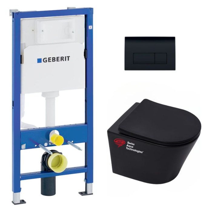 Pack WC Bati-support Geberit Duofix + WC sans bride SAT Infinitio Noir mat + Abattant frein de chute + Plaque Delta 50 Noire mat