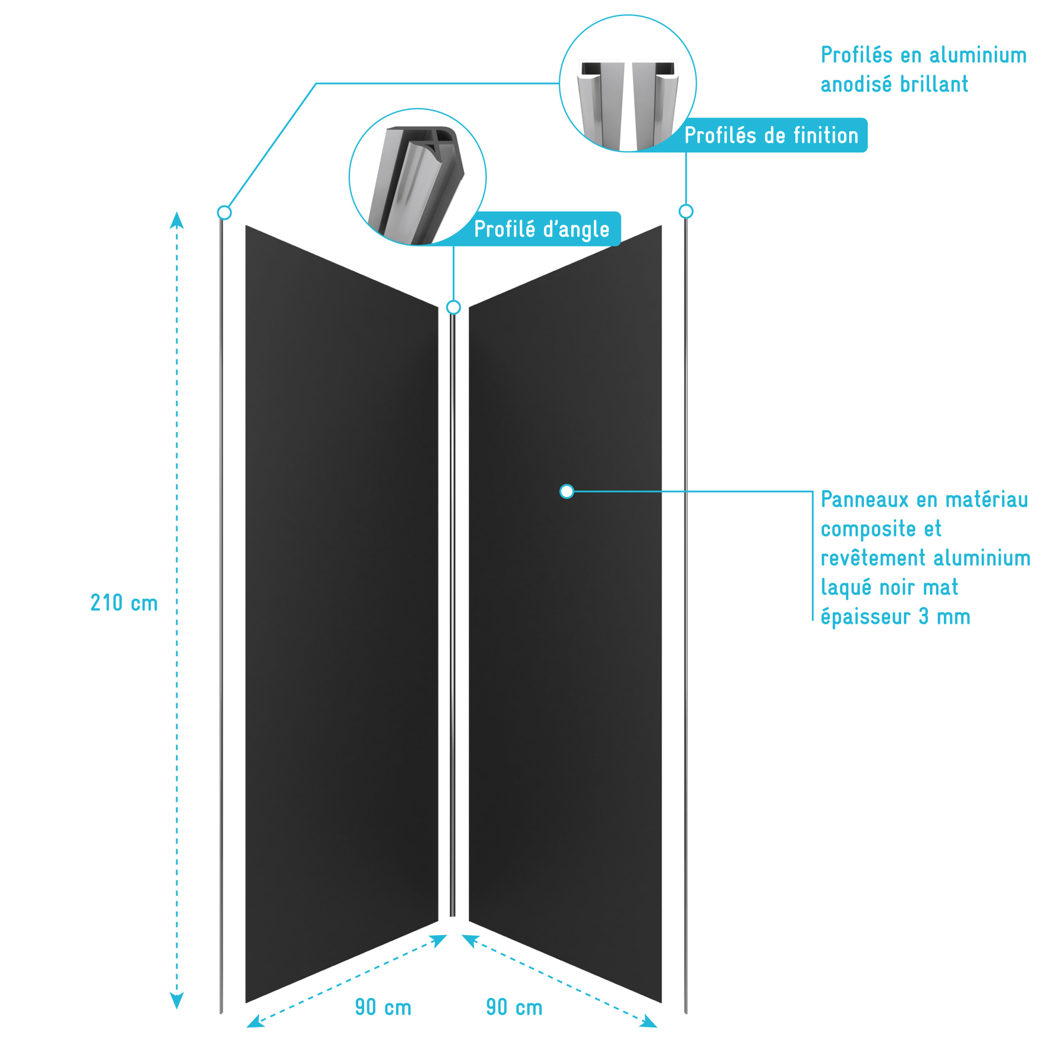 Pack de 2 Panneaux Muraux Aluminium NOIR 90+90x210 cm avec Profilés ANODISE BRILLANT - WALL'IT