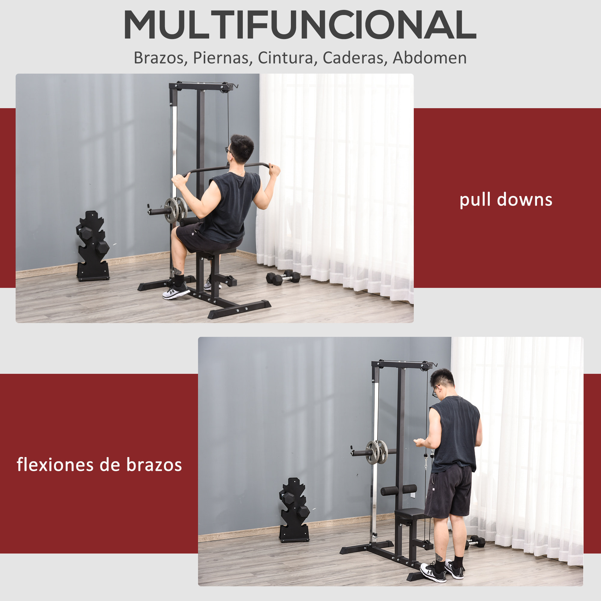 Máquina de Musculación con Polea y Asiento Regulable Fitness 107x120x190cm Negro