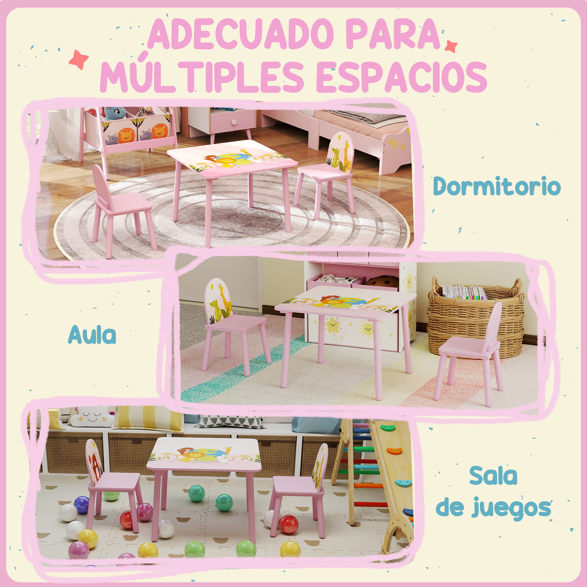 Mesa Infantil con 2 Sillas, Mesa y Sillas Infantil con Estampados de Animales, para Niños y Niñas de 3-8 Años, para Hogar, Guardería, Aulas, Rosa