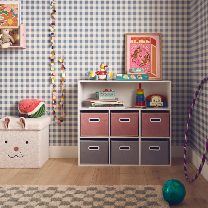 Meuble de rangement pour enfant avec 7 compartiments et 3 paniers roses et 3 paniers grisvelours