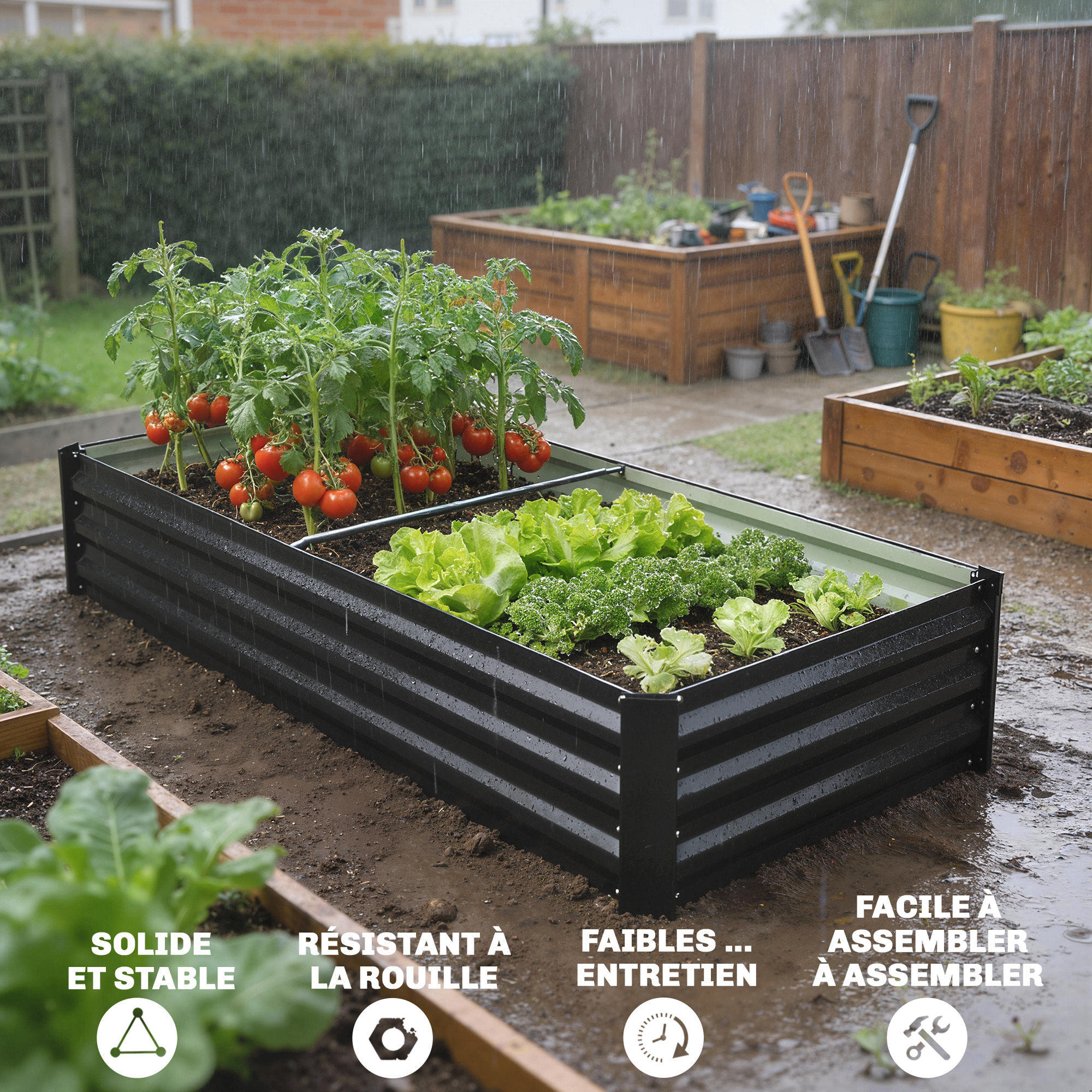 Jardinière rectangulaire carré potager dim. 150L x 70l x 30H cm acier ondulé anthracite