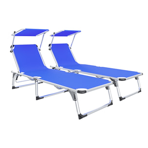 Coppia Di Lettini Pieghevoli Prendisole Tettuccio Parasole Schienale Regolabile In Alluminio Sdraio Spiaggia Mare Giardino Piscina 187x59x29 Cm Blu