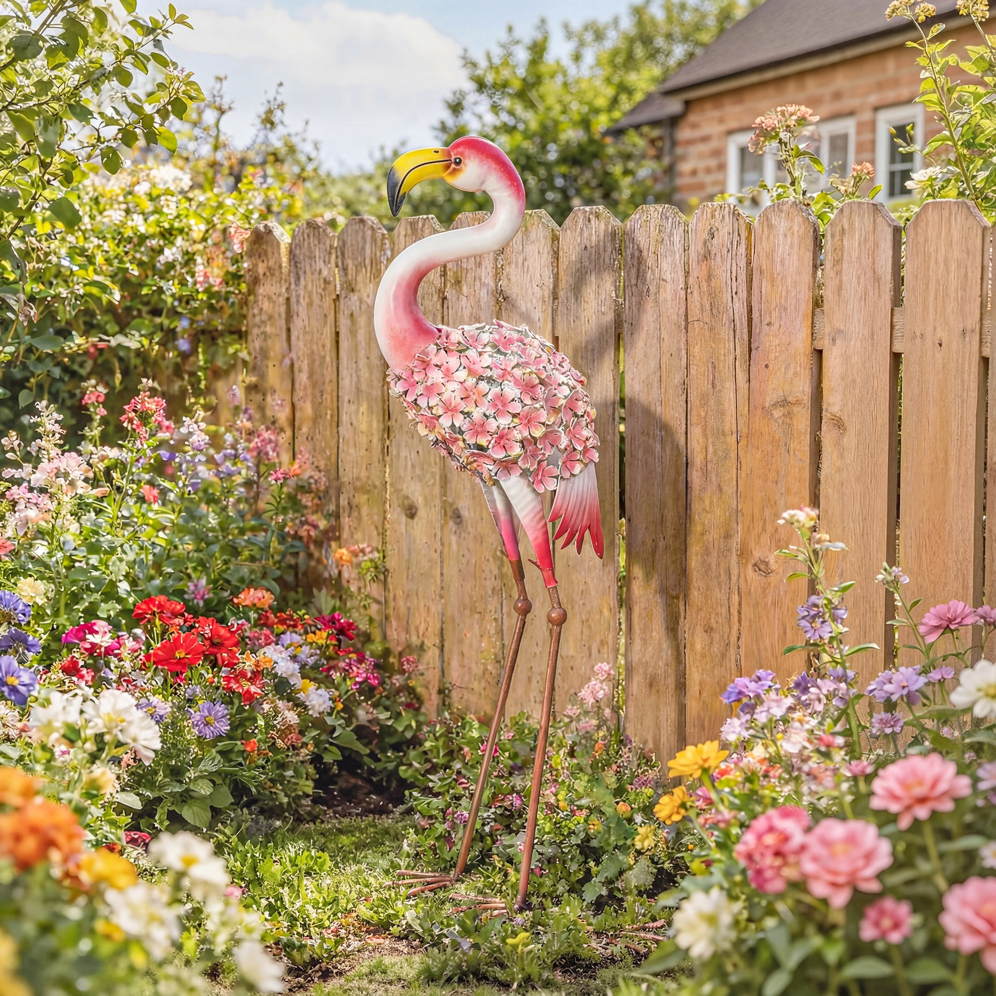 Statue de jardin flamant rose métal plumes florales