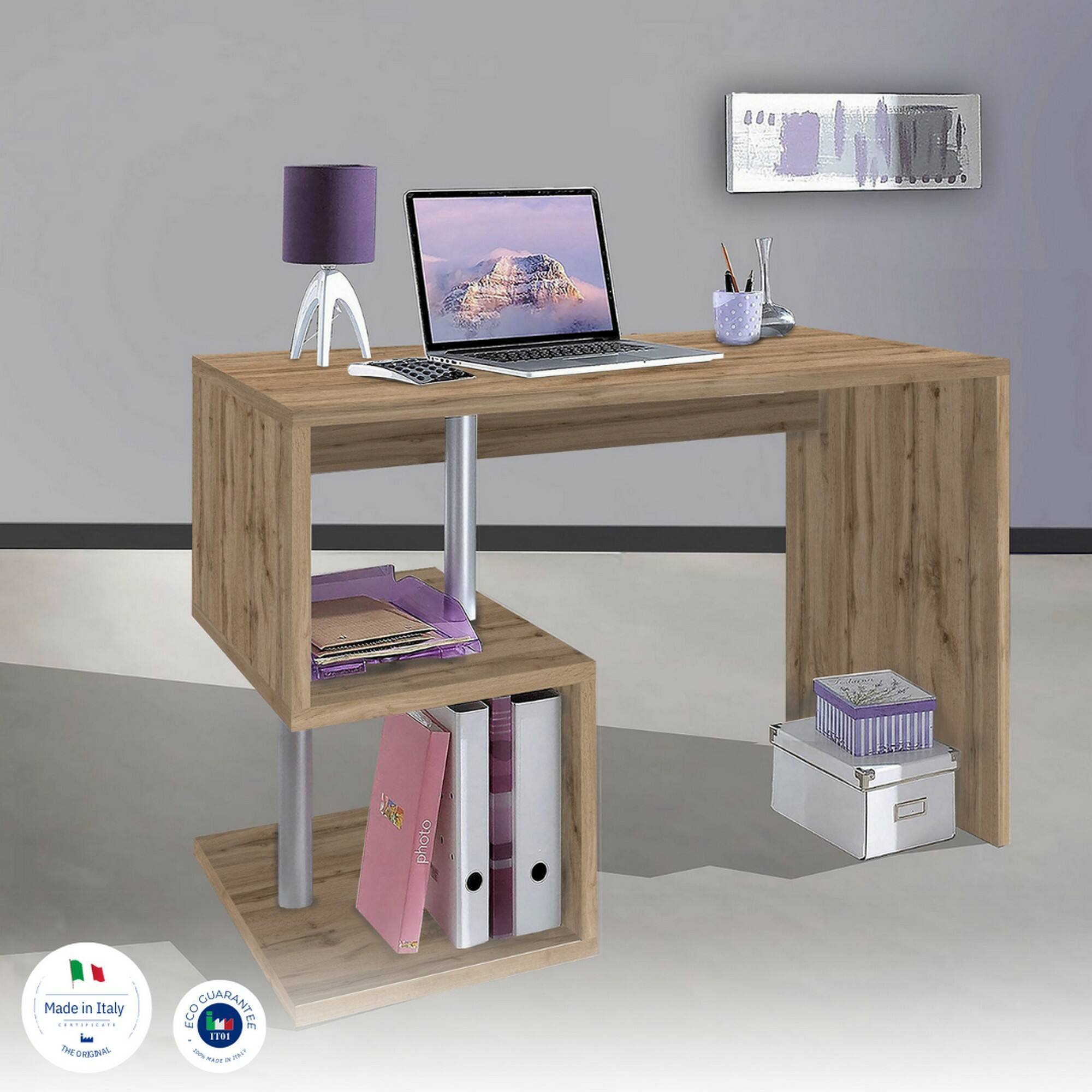 Scrivania Massimo, Scrittoio lineare porta PC, Tavolo multiuso per ufficio, Scrivania salvaspazio multiposizione, 100% Made in Italy, cm 100x50h78, Rovere