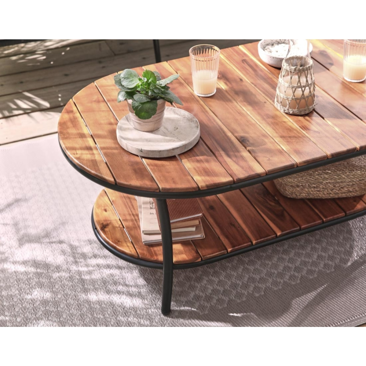 MOANA - salon bas de jardin 4 pl + table - corde, métal et bois - noir coussins gris - housse de protection - Cordage noire, acier, bois et coussins gris