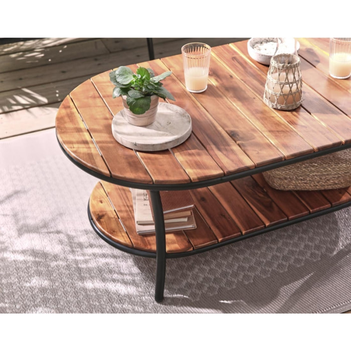 MOANA - salon bas de jardin 4 pl + table - corde, métal et bois - noir coussins gris - housse de protection - Cordage noire, acier, bois et coussins gris