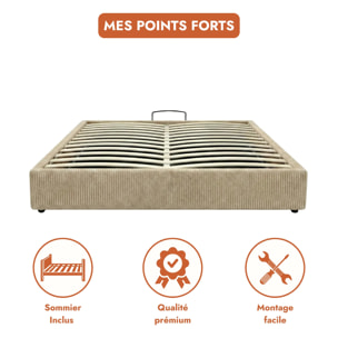 Lit coffre Futura | Ouverture électrique avec télécommande | Espace de stockage jusqu'à 900 L | Velours Côtelé | Beige
