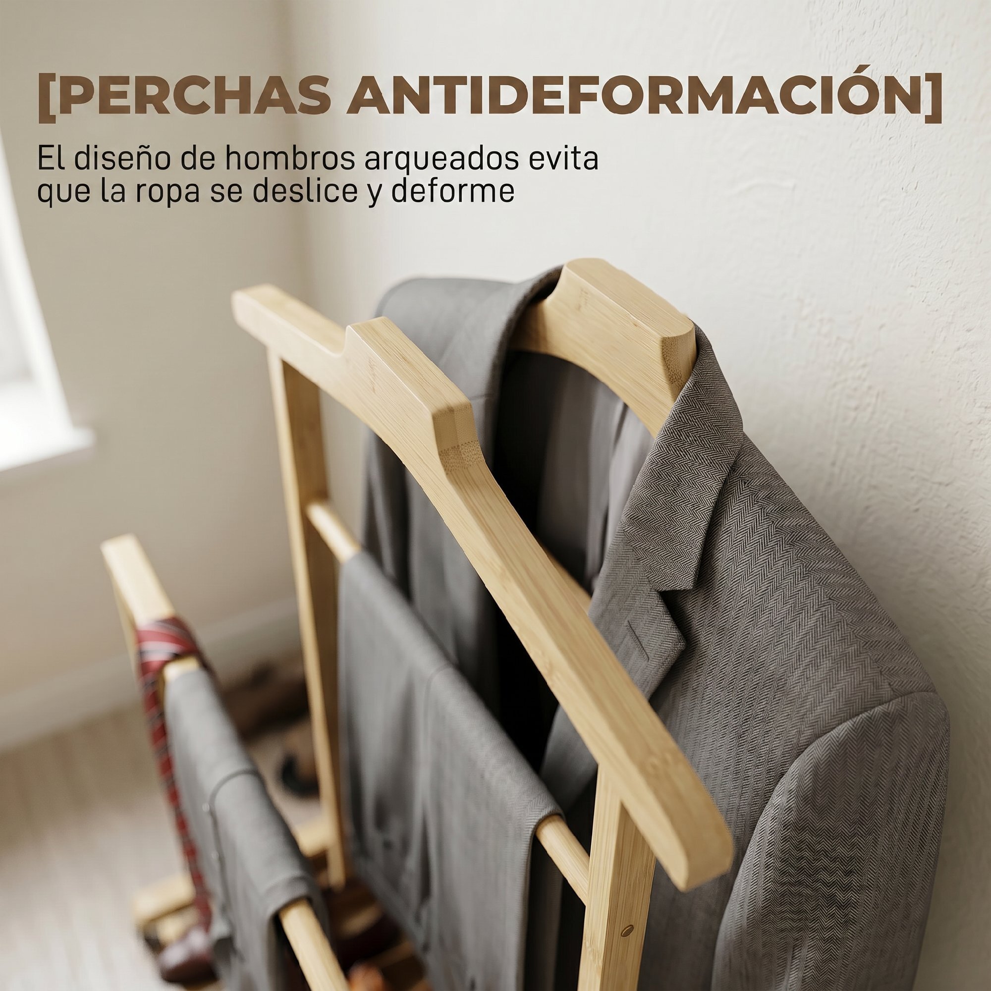Galán de Noche de Bambú, Perchero Burro con Ruedas, Barras para Ropa, Soporte para Pantalones, Bandeja y Estante Inferior, Perchero para Dormitorio, 41x50x105 cm, Natural