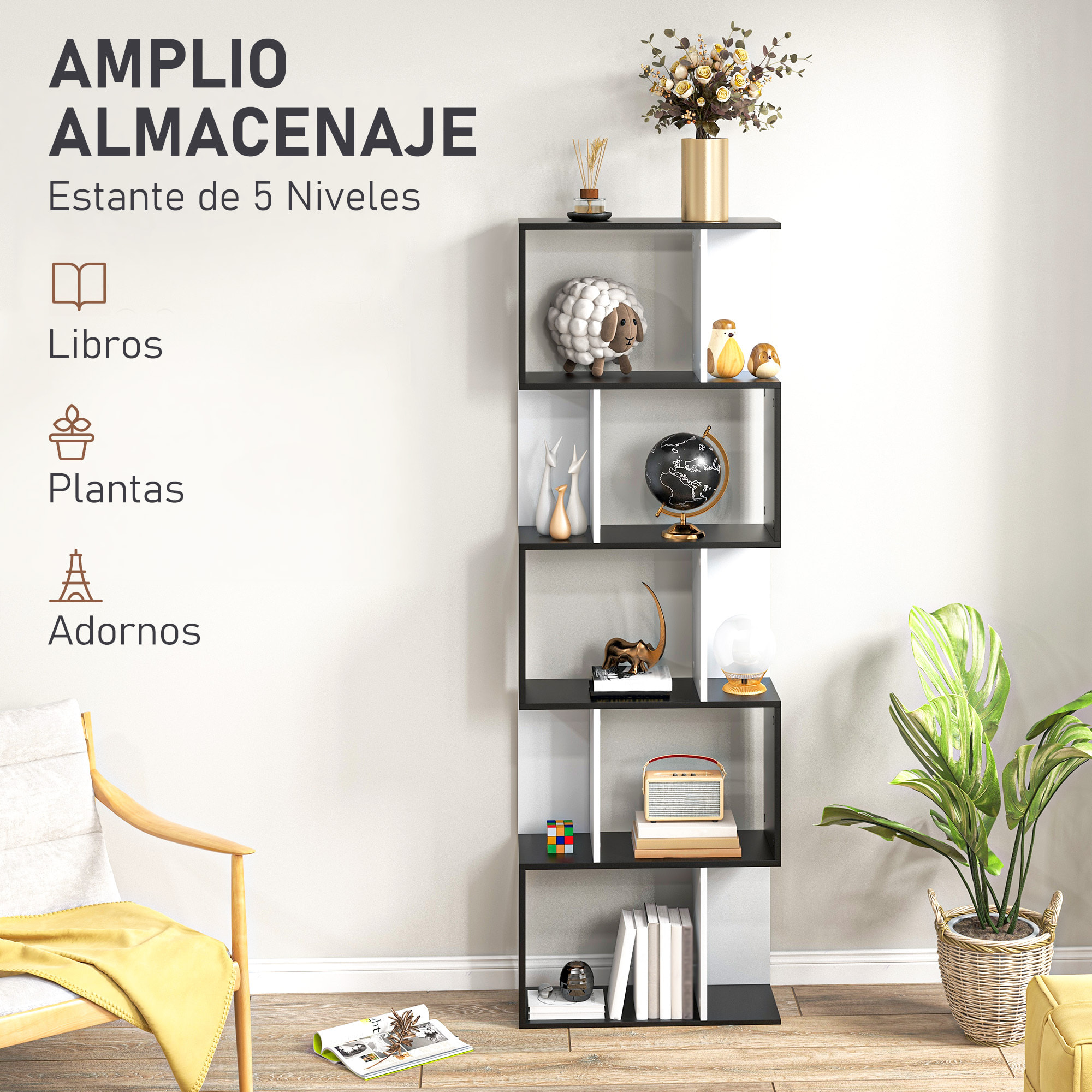 Estantería Librería de 5 Niveles Estantería de Madera Estantería para Libros en Forma de S Diseño Moderno para Salón Oficina 60x24x184,5 cm Blanco y Negro