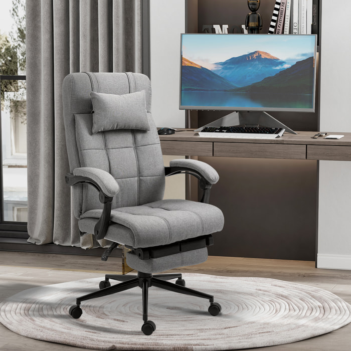 Silla de Oficina Reclinable Silla de Escritorio Giratoria Tapizado de Tela con Altura Ajustable Reposapiés Reposacabezas y Reposabrazos Carga 120 kg para Estudio 66x76x116-124 cm Gris