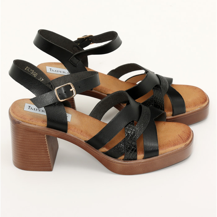 Sandali in simil pelle con tacco comodo quadrato e fasce bicolore