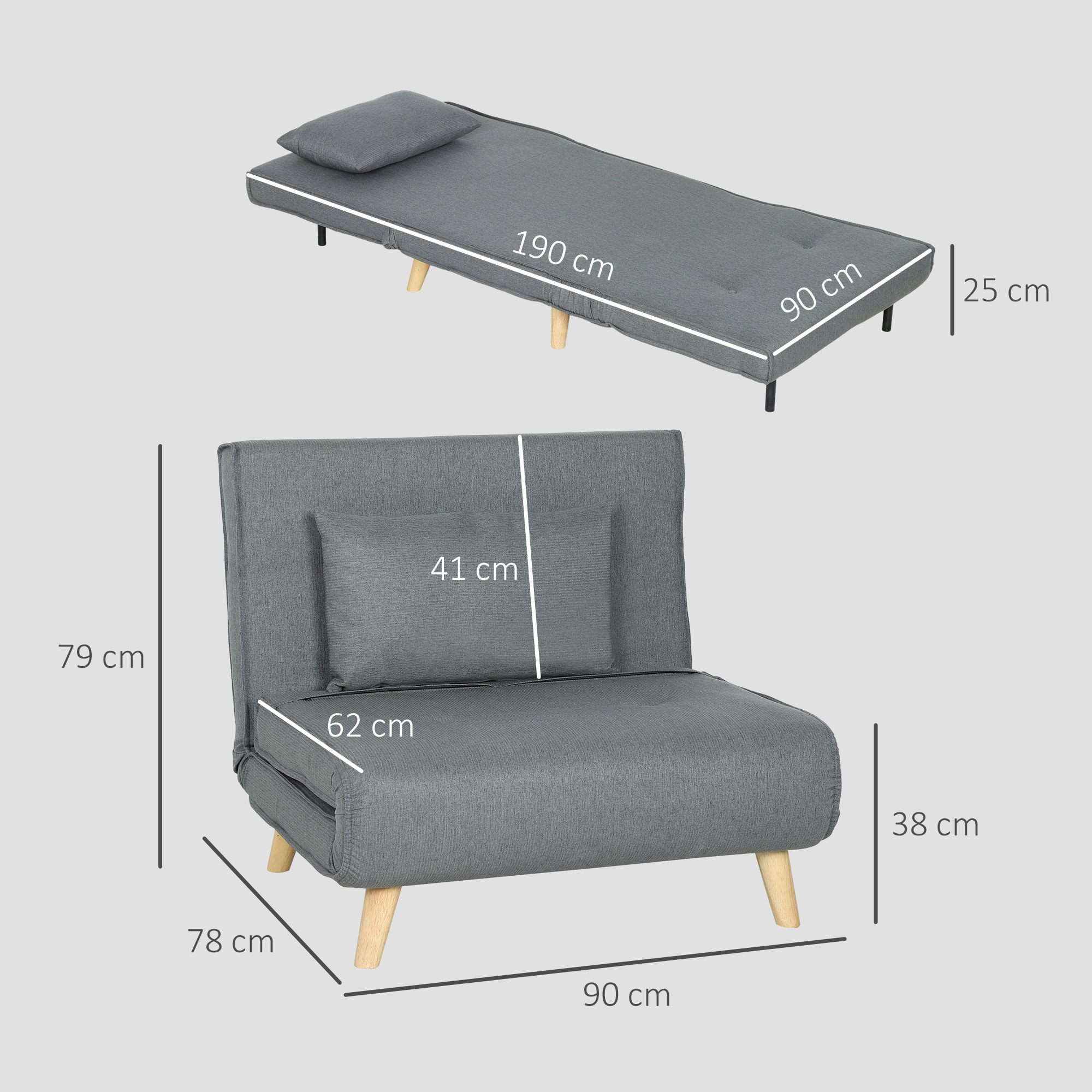 Sofá Cama de 1 Plaza 3 en 1, Sillón Cama Plegable Tapizado en Lino Sintético, con Respaldo Ajustable en 6 Niveles, Almohada, Asiento Ancho, Patas de Madera, 90x78x79 cm, Gris