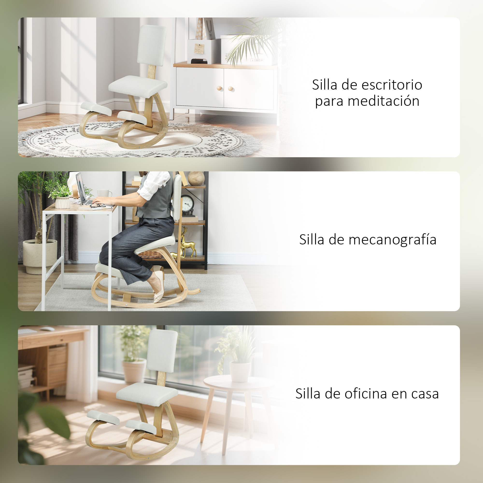 Silla Ergonómica de Rodillas con Respaldo, Silla de Rodillas, Cojines Acolchados, Marco de Madera, para una Mejor Postura, Oficina, Crema
