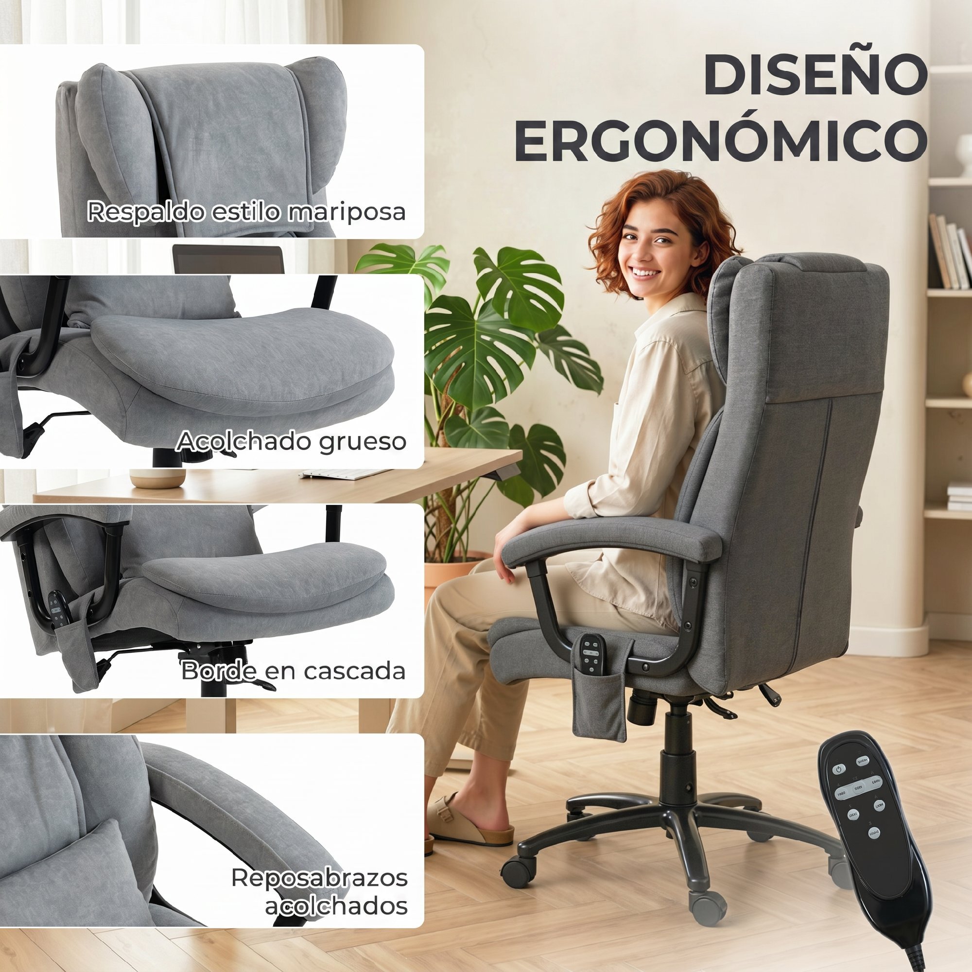 Silla de Oficina con Masaje de Amasamiento de 4 Puntos, Silla de Escritorio con Respaldo Alto, Altura Ajustable, Asiento Amplio, Cojín Lumbar, Basculante, Tapizada en Terciopelo, Gris