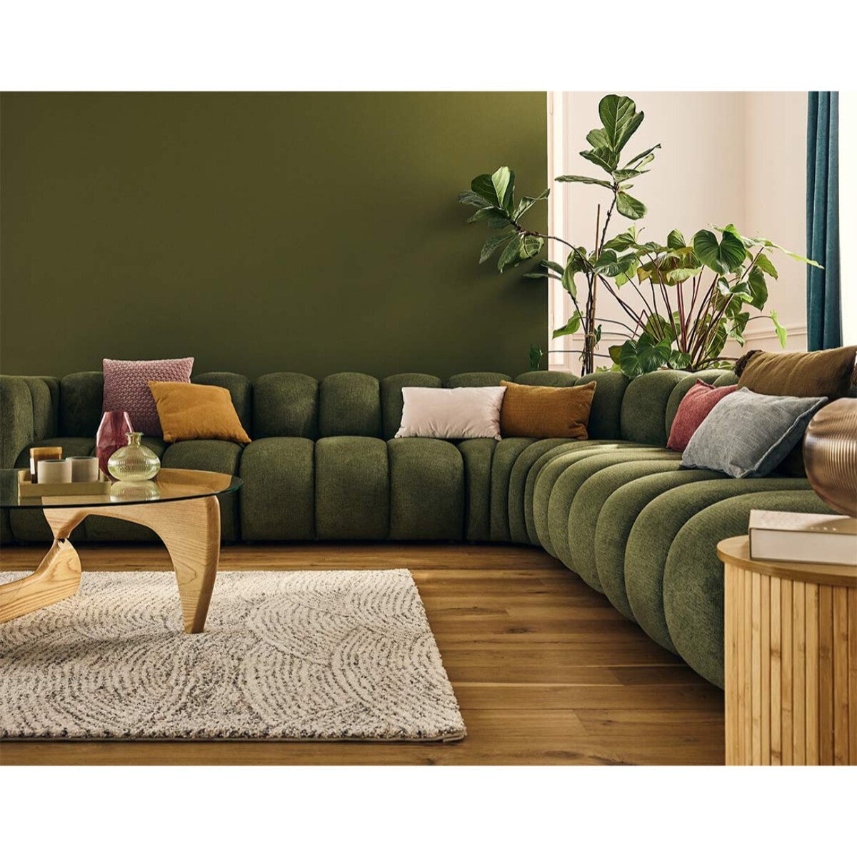 Debbie - canapé modulable d'angle droit 5 places en tissu texturé - Vert