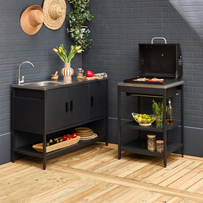 Cuisine extérieure Naxos 2 modules acier inoxydable noir barbecue au charbon avec évier
