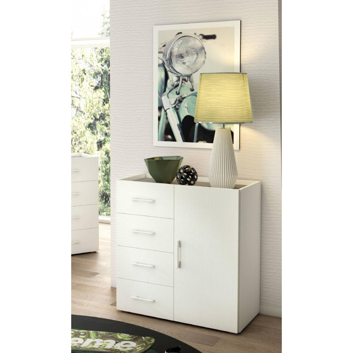 Credenza Violetta, Mobile buffet a 1 anta e 4 cassetti, Madia da soggiorno, Armadietto multiuso con ripiani, 100% Made in Italy, Cm 90x41h87, Bianco