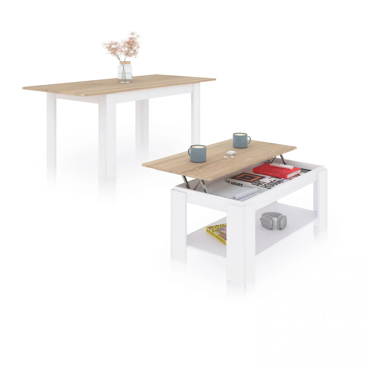 Pack mesa de comedor 123 y mesa de centro Lya Blanco Artik (Blanco Mate) - Roble Canadian