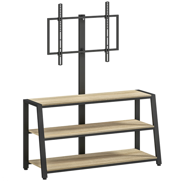 Meuble TV avec support orientable 35° - compatible TV 32-65 pouces max - 3 étagères - acier noir effet bois clair