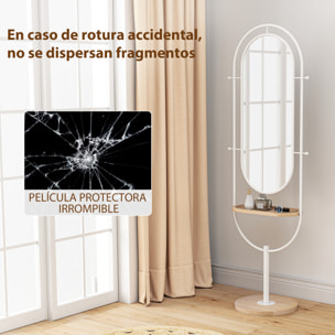 Espejo de Cuerpo Entero 175,5x50 cm Espejo de Pie con Bandeja de Madera 4 Ganchos y Marco de Metal para Salón Dormitorio Blanco