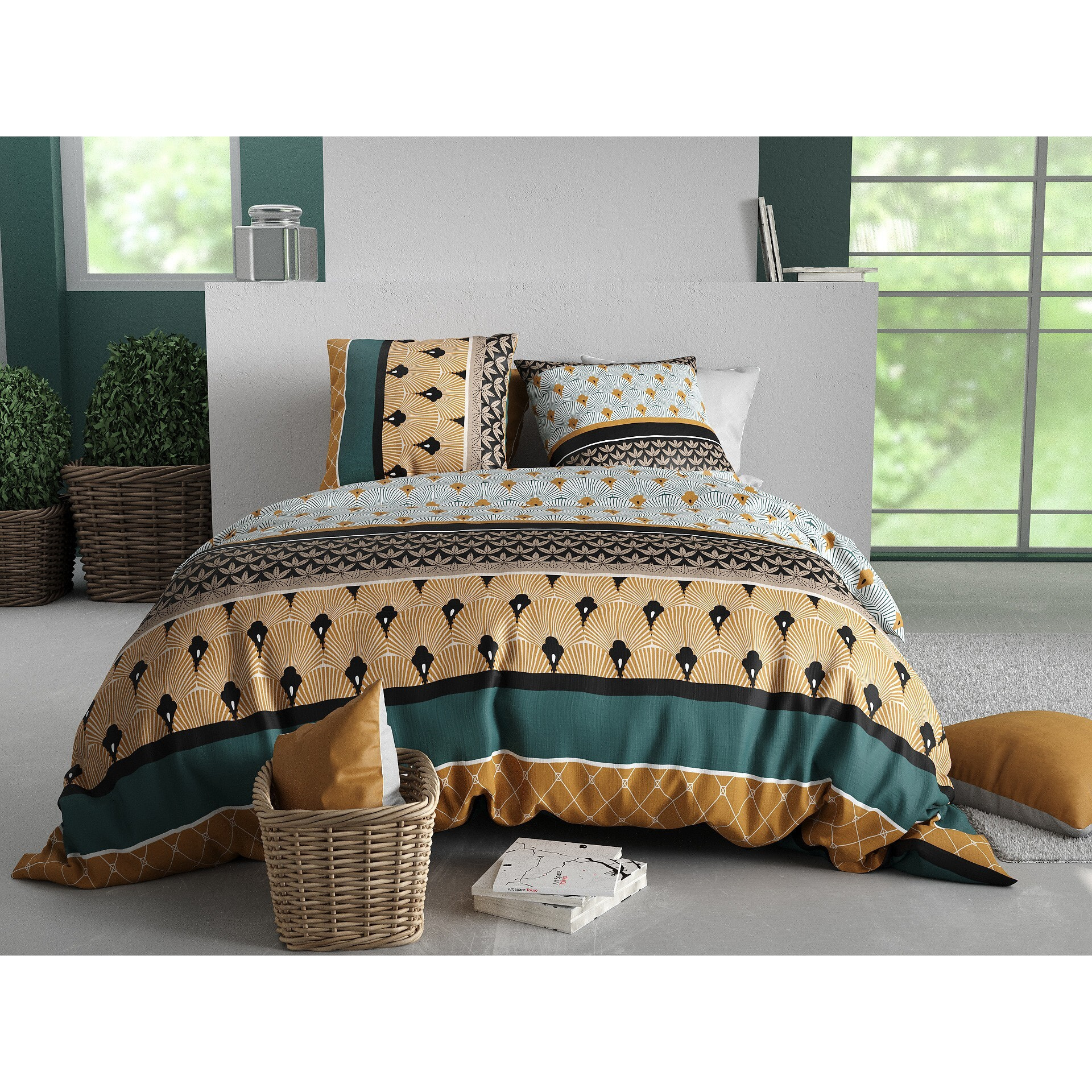 Parure housse de couette imprimée 240x260cm + 2 Taies 100% coton 57fils PALUM