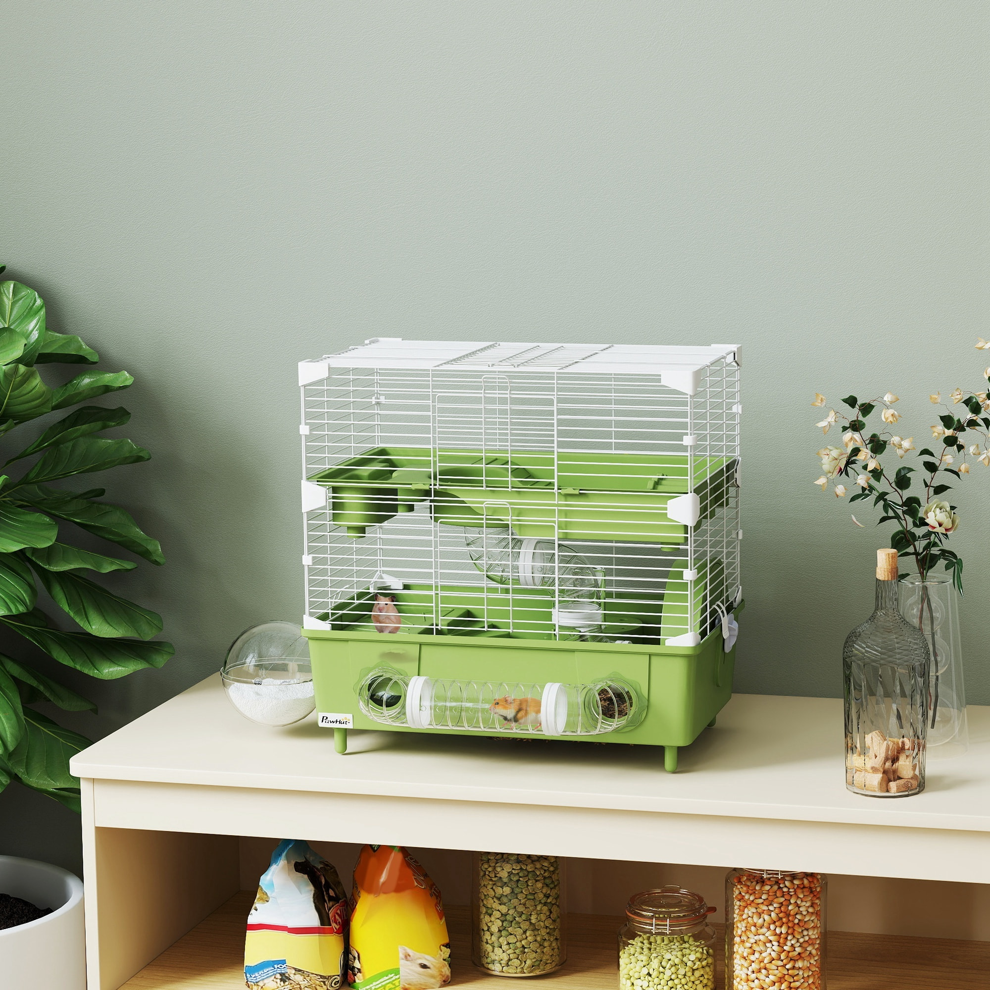 Cage pour hamster 2 niveaux roue sphère bac à sable tuyaux biberon eau dim. 44,5 x 28 x 44 cm blanc vert