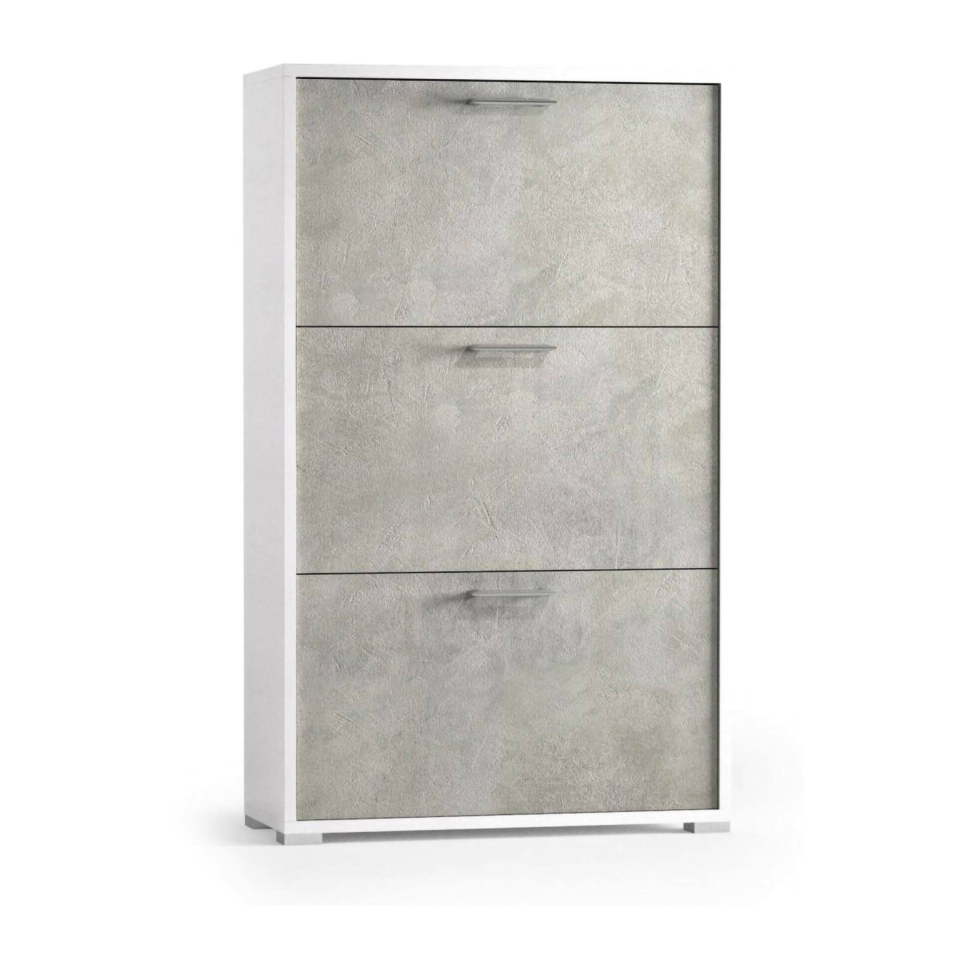 Scarpiera Peonia, Mobile multiuso da ingresso con 3 ante a ribalta, Armadietto portascarpe a doppia profondità, 100% Made in Italy, Cm 67x28h112, Bianco e Cemento