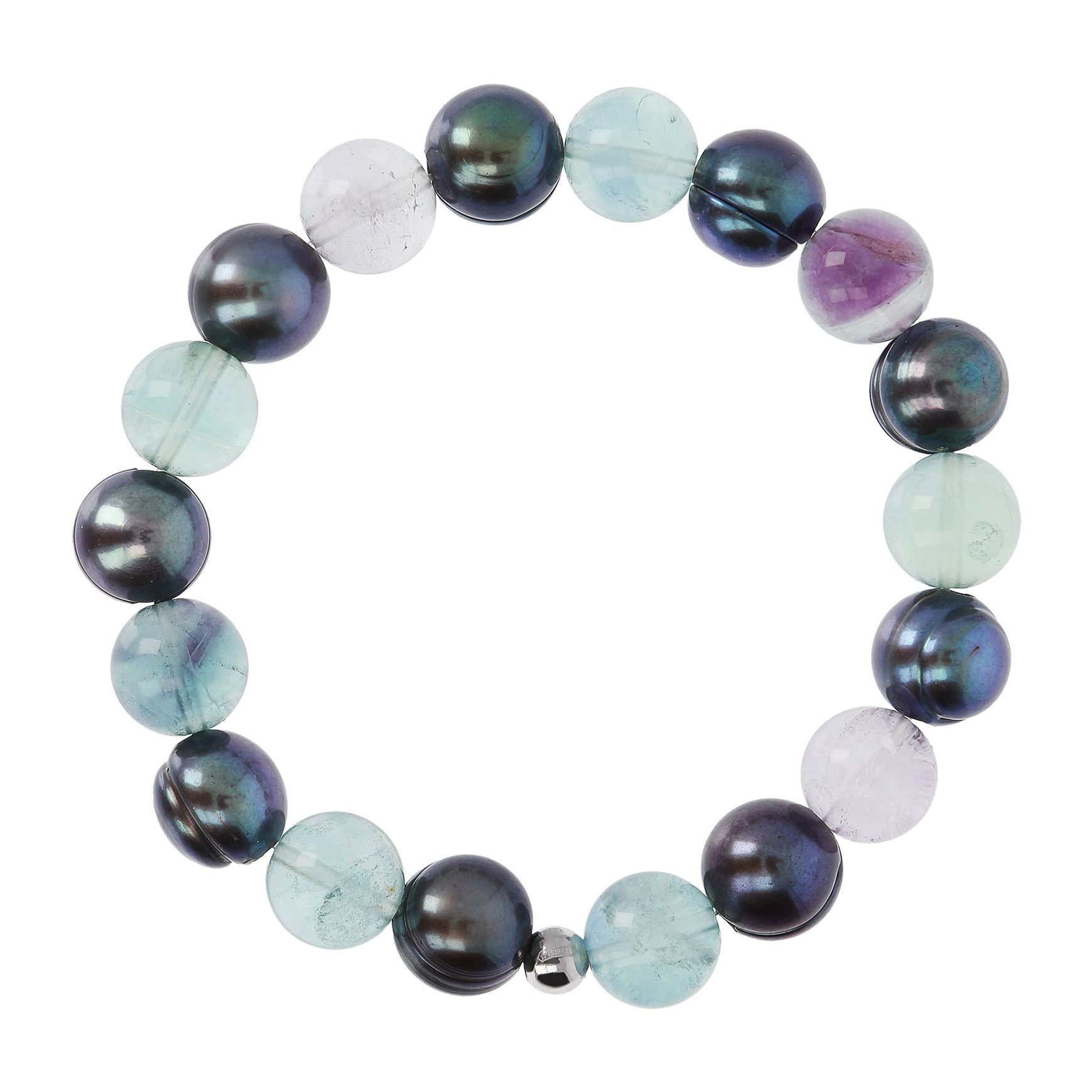 PERLAVIVA - Bracciale Elastico con Fluorite e Perle d'Acqua Dolce Grigie Ø 9.5/10.5 mm