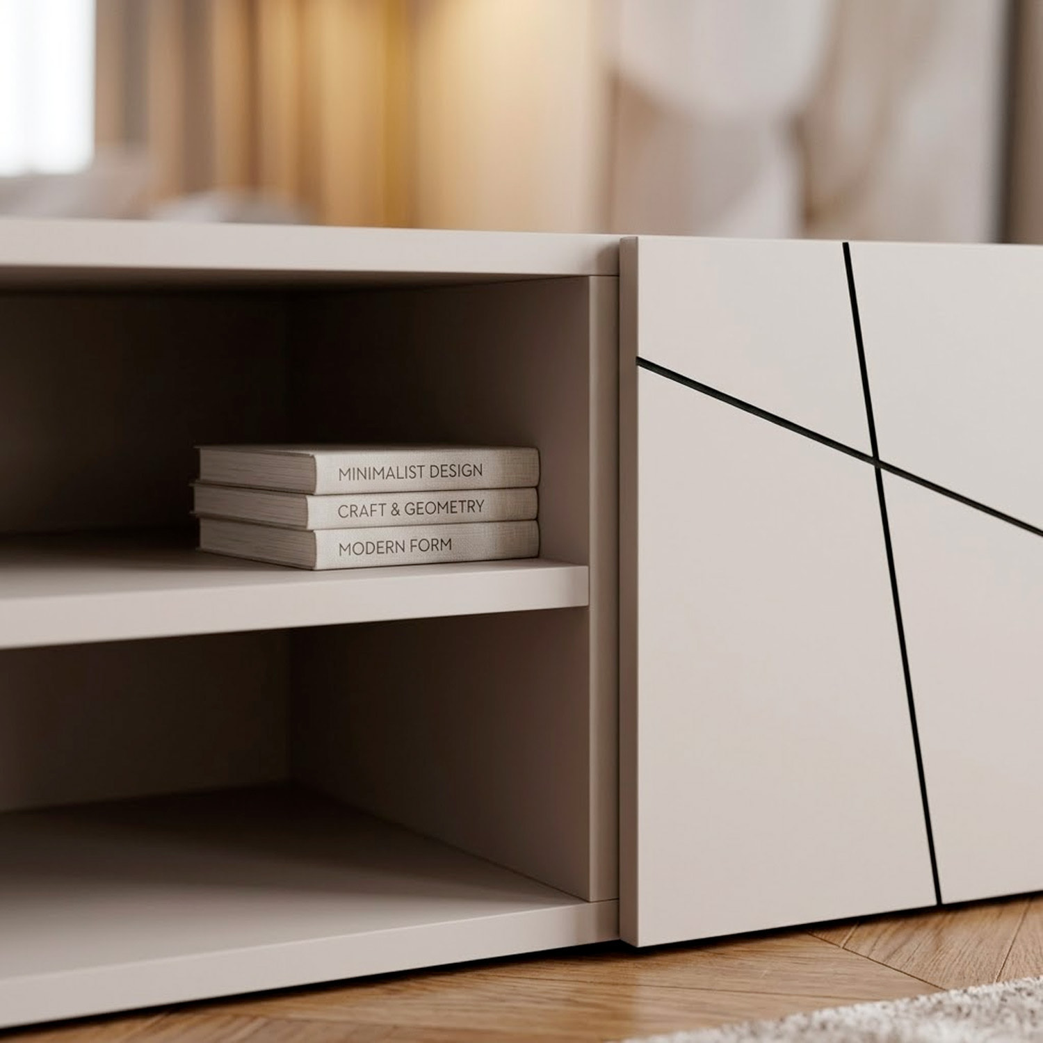 Parete Attrezzata Mobile Porta TV Colonna Ante Push Open Vani Aperti Soggiorno Design Geometrico Moderno 180 x 45 x 180 Cm Cashmere Con Effetto Righe
