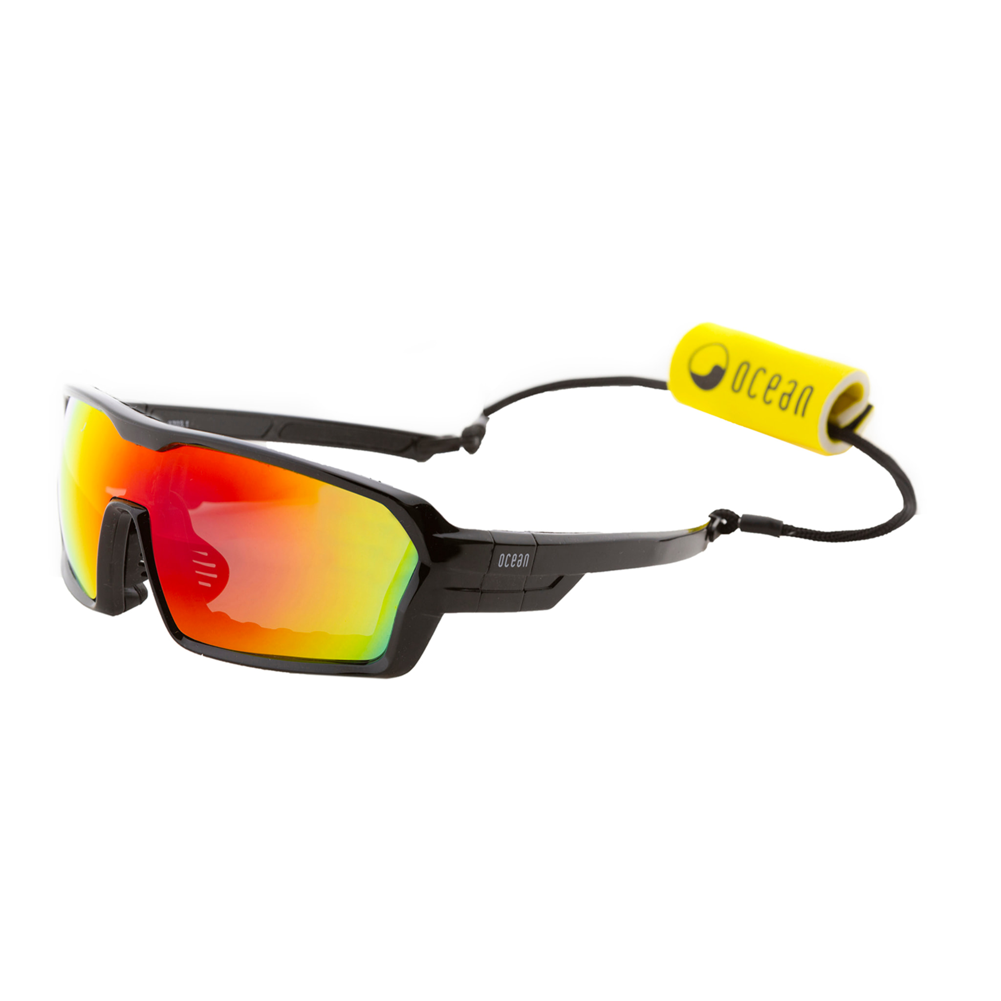 Gafas de deportes acuáticos OCEAN CHAMELEON - Negro brillante / Revo roja con almohadilla nasal puntas y espuma negras con correa negra
