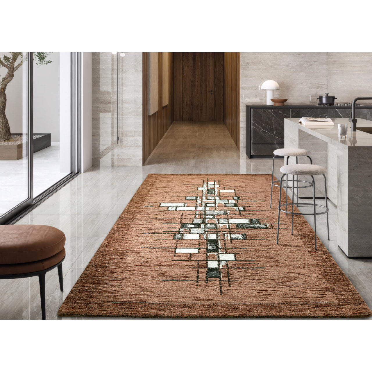 Tappeto Jacquard Ideale Cucina Ingresso Made In Italy Antiscivolo, Lavabile, Morbido Disegno Pixel Marrone By Suardi