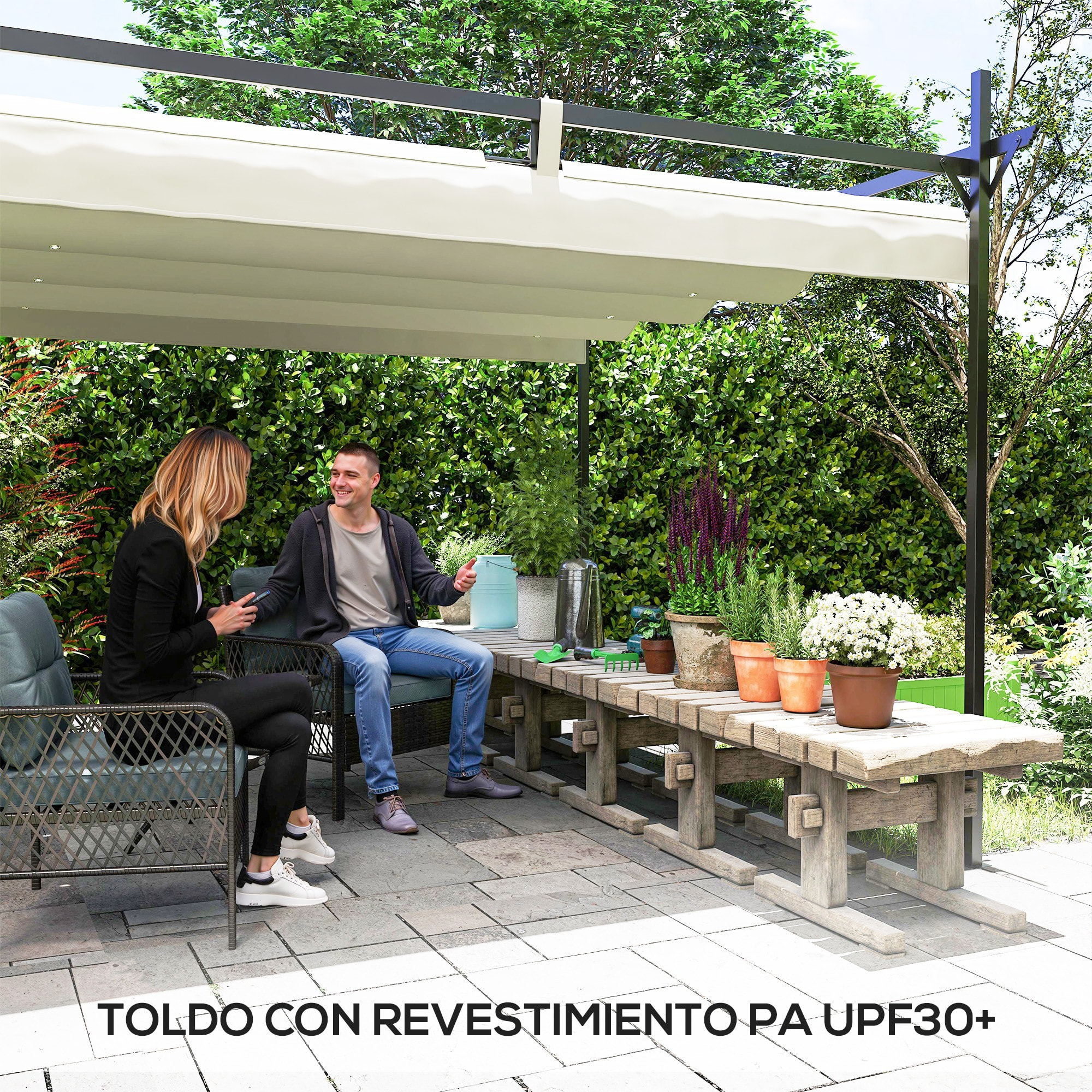 Pérgola con Techo Retráctil Pérgola de Aluminio 6x3 m Cenador con Tela de Poliéster Anti-UV Resistente al Agua Pabellón para Jardín Patio Terraza Exterior Crema